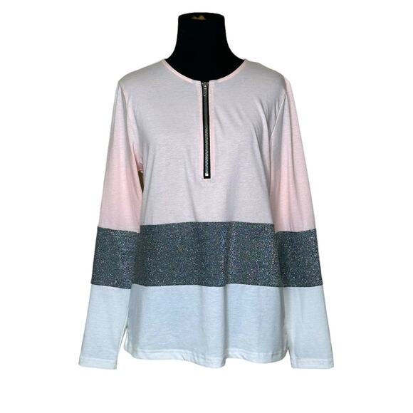 Rose Gal pink silver white color block long sleeves pullover size Small - Picture 1 of 11